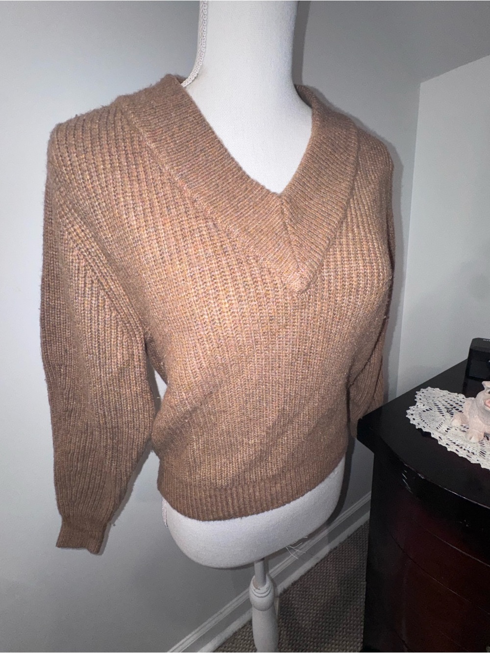 Catherine Malandrino V-Neck Ribbed Sweater in Camel - Picture 2 of 6